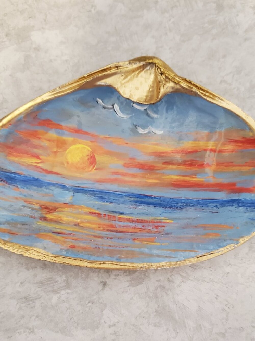 Shell Art Hand Painted Nautical Ocean Sunset Gold Leaf Trim Trinket Fathers Day